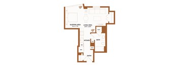 A brown floor plan of a house with a sleeping area, living area, kitchen, bath, and entry.