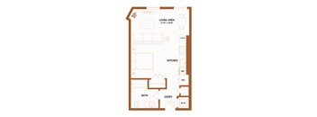 A floor plan of a house with a living area, kitchen, bath, and entry.