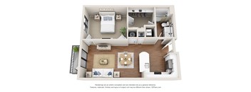 A 3D floor plan of a small apartment with a bedroom, living room, and kitchen.