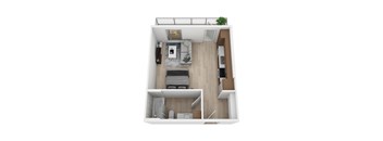 a stylized floor plan of a small apartment with a bedroom and living room