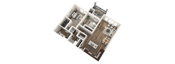A 3D floor plan of a house with multiple rooms and furniture.