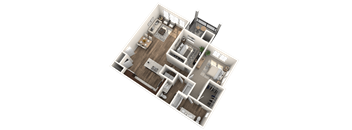 A 3D floor plan of a house with multiple rooms and furniture.