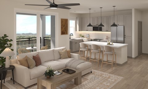 A modern living room with a white sofa and a wooden coffee table.