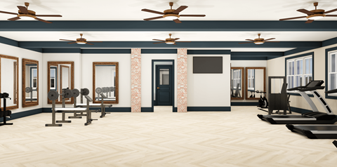 A gym with a variety of equipment including treadmills, weights, and a television.