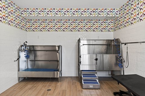 A kitchen with two stainless steel ovens and a wall covered in colorful stickers.