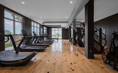A gym with treadmills and exercise equipment.