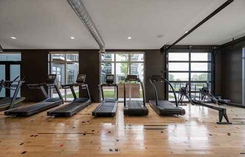 A gym with treadmills, exercise bikes, and weights.