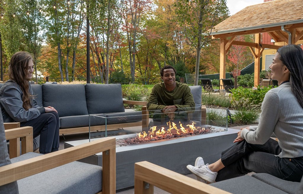 a group of people sitting around a fire pit