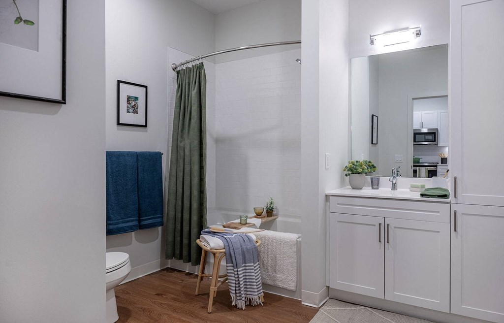 a bathroom with a shower and a sink and a mirror