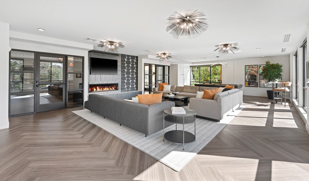 resident lounge living room with couches and a fireplace