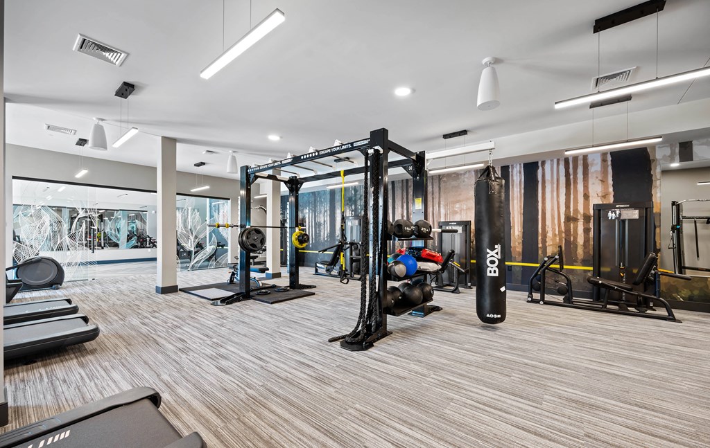 a gym with weights and other exercise equipment on a wooden floor