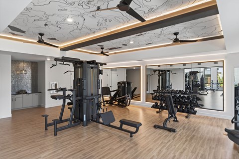 A fitness center with strength training equipment
