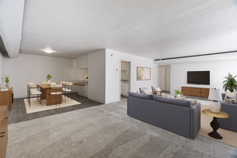 A living room with a grey sofa, a dining table with chairs, and a TV on the wall.