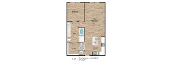 A floor plan of an apartment with one bedroom and one bath.