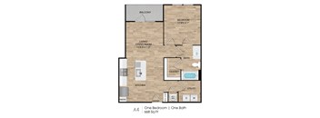 A floor plan of an apartment with one bedroom and one bath.
