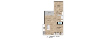 A5 floor plan of a one bedroom apartment with one bath.
