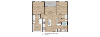 A floor plan of a two bedroom apartment with two bathrooms.