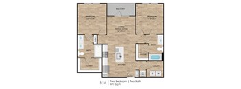 A floor plan of a two bedroom apartment with two bathrooms.