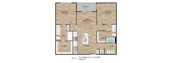 A floor plan of a two bedroom apartment with two bathrooms.
