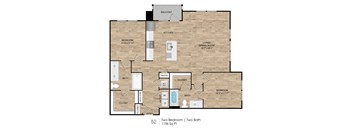 A floor plan of apartment B2 with two bedrooms and two bathrooms.