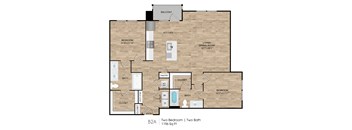 A diagram of a two bedroom apartment with two bathrooms.