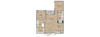 A floor plan of a two bedroom apartment with two bathrooms.