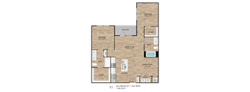 A floor plan of a two bedroom apartment with two bathrooms.