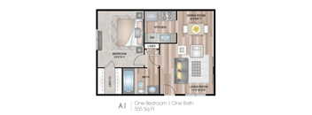 A one bedroom apartment with a living room, kitchen, and bathroom.