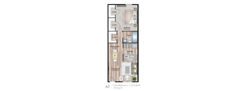 A 770 square foot one bedroom one bath apartment.