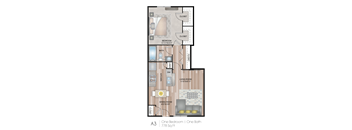 A 7/8 square room with a one bathroom and one bedroom.