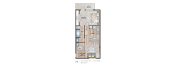 A floor plan of a one bedroom apartment with a living room, kitchen, bathroom, and balcony.