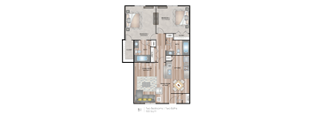 A floor plan of a one-bedroom apartment with two bathrooms and a living area.