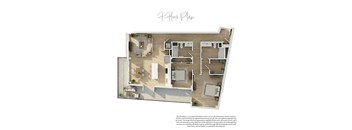 A floor plan of a 2-story apartment with a living room, dining room, kitchen, and bedrooms.