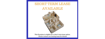 A blue and white image advertising a short term lease available for a floor plan.