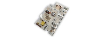 A 3D floor plan of a house with a living room, kitchen, and two bedrooms.