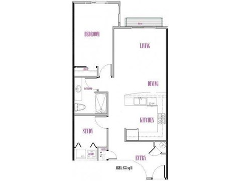 A floor plan of a house with labeled rooms such as Bedroom, Bathroom, Dining, Study, Kitchen, and Living room.