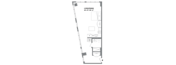 A floor plan of a living and dining area with a kitchenette.