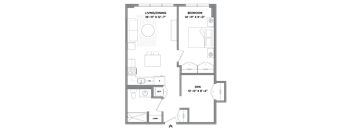 A floor plan of a small apartment with a living/dining area, bedroom, den, and bathroom.