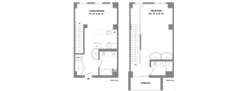 A floor plan of a house with a living room, bedrooms, and a terrace.