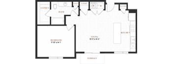 the floor plan of a bedroom apartment with a bathroom and a living room