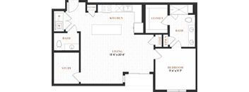 the floor plan of a bedroom apartment with a bathroom and a living room