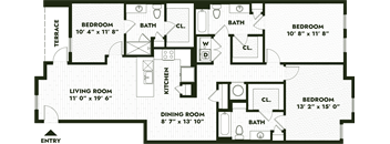 the floor plan of the upper level of a bedroom apartment