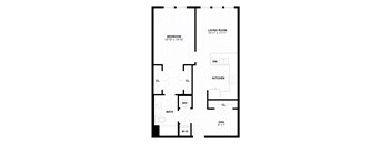A black and white image of a floor plan for a small apartment.