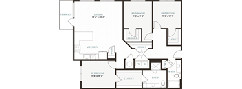 the floor plan of a bedroom apartment with an open floor plan