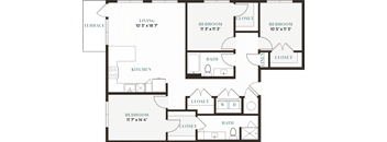 the floor plan of a bedroom apartment with a bathroom and a living room