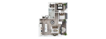 A top-down view of a modern apartment layout with a kitchen, living room, and bedroom.