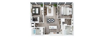 A top-down view of a small apartment with a kitchen, living room, and bathroom.