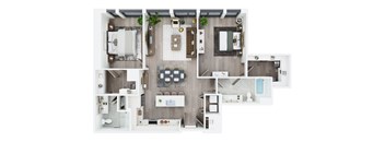 A top-down view of a small apartment with a kitchen, living room, and bathroom.