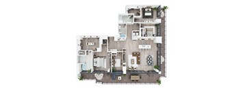 A top-down view of a house layout with multiple rooms and a kitchen.