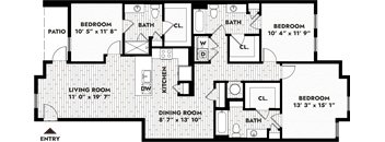 three bedroom, three bathroom apartment home